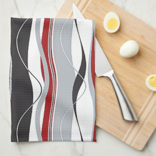 Wavy Vertical Stripes Red Black White & Grey Kitchen Towel