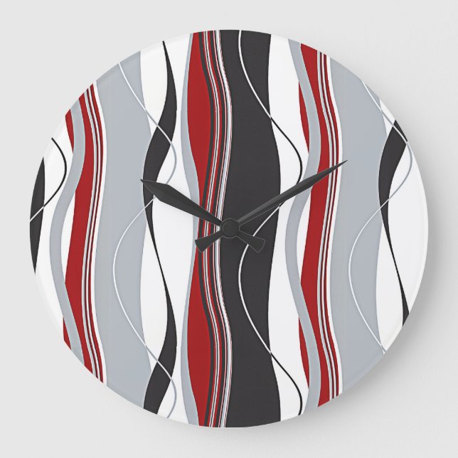 Wavy Vertical Stripes Red Black White & Grey Large Clock (Front)