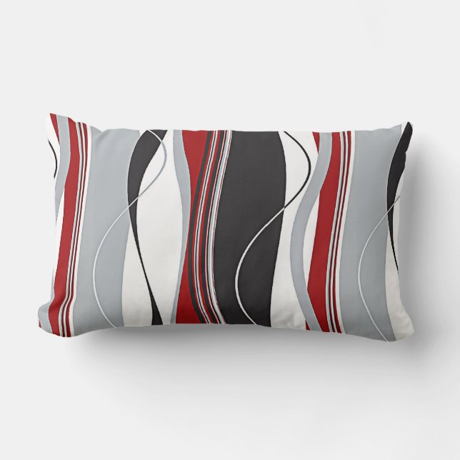 Wavy Vertical Stripes Red Black White & Grey Lumbar Pillow (Front)