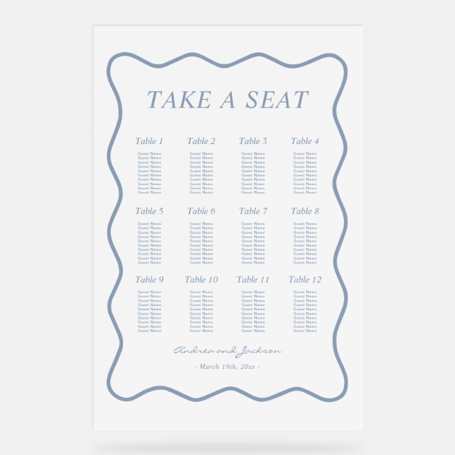 Wavy White and Blue Acrylic Wedding Seating Chart (Front)