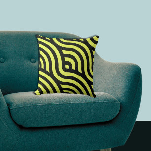Wavy Yellow & Black Stripes Pattern Throw Pillow