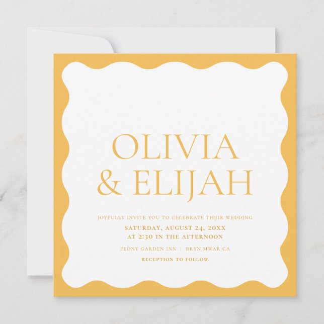 Wavy Yellow Modern Typography Wedding Invitation (Front)