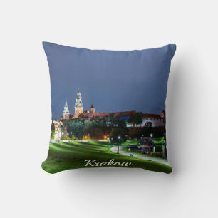 Wawel castle at night in Krakow, Poland Throw Pillow
