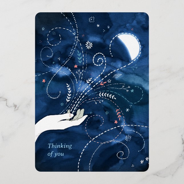 Waxing Half Moon Thinking of You Silver Foil Holiday Card (Front)