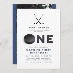 WAYNE Hockey Sport Themed Photo First Birthday Invitation<br><div class="desc">This first birthday invitation features hockey themed sticks and puck with a fun blue and white colour combination and optional photo backside for a personal touch. Pair with anything in the WAYNE Collection for a cohesive look.</div>