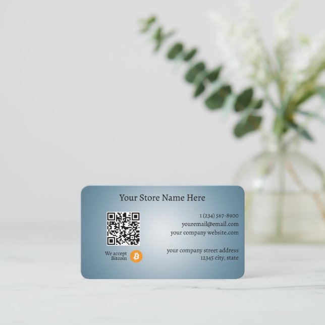 We Accept Bitcoin QR Code Gradient Blue Business Card (Standing Front)