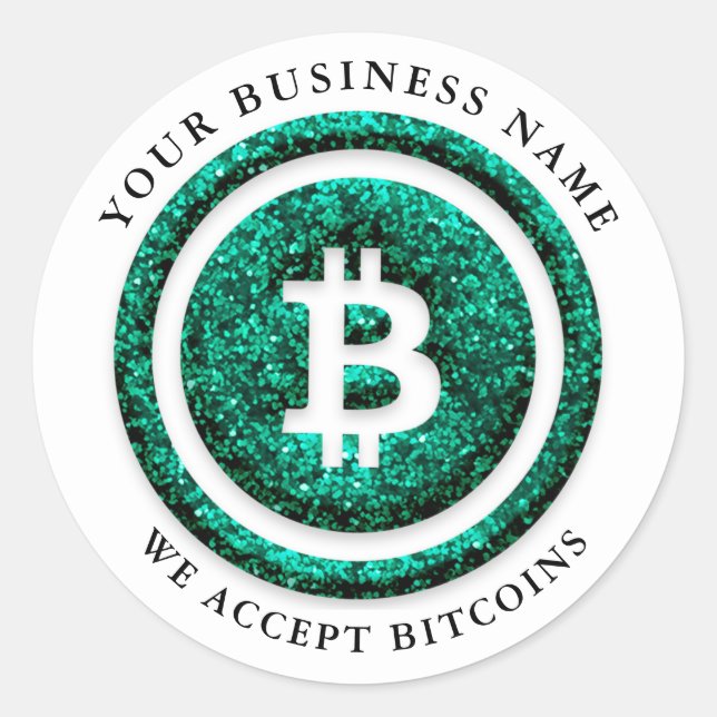 We Accept Bitcoin Symbol Logo Business Name Emeral Classic Round Sticker (Front)