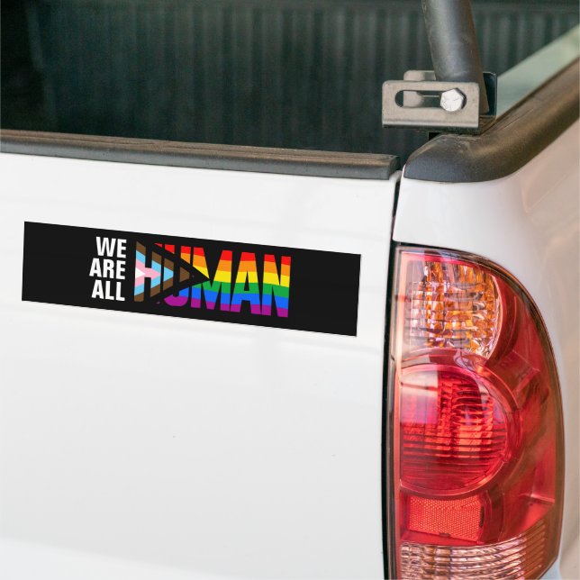 We Are All Human LGBTQ+ Pride Flag Bumper Sticker (On Truck)