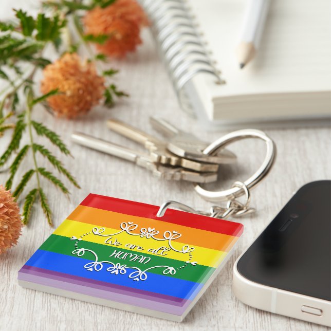We Are All Human LGBTQ Pride Month Acrylic Keychain (Front Right)