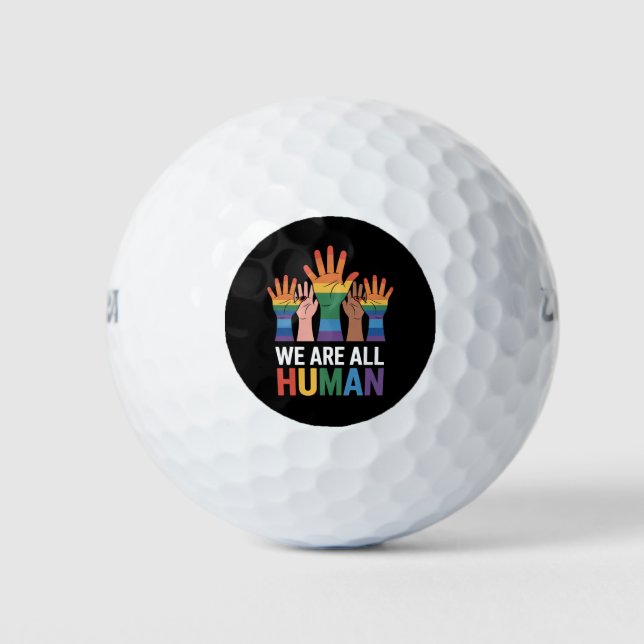We Are All Human Rainbow LGBTQ Pride Raising Hands Golf Balls (Front)