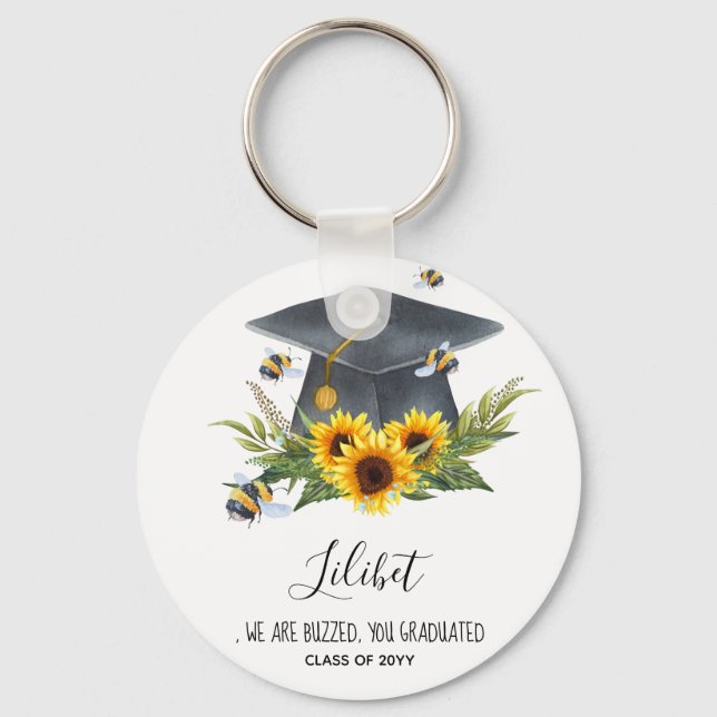 We Are BUZZED! GRADUATION Gift Personalized BEES Keychain (Front)