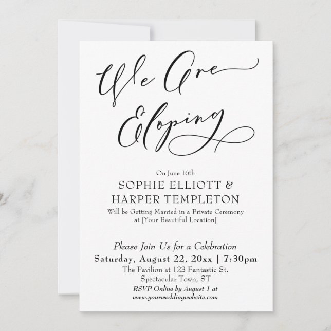 We Are Eloping, Simple Black & White Celebration Invitation (Front)