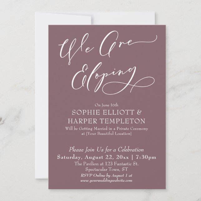 We Are Eloping, Simple Dark Mauve Celebration Invitation (Front)
