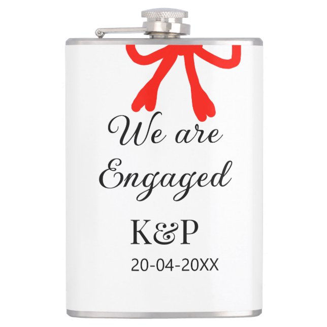 We are engaged add name letter red bow modern text hip flask (Front)