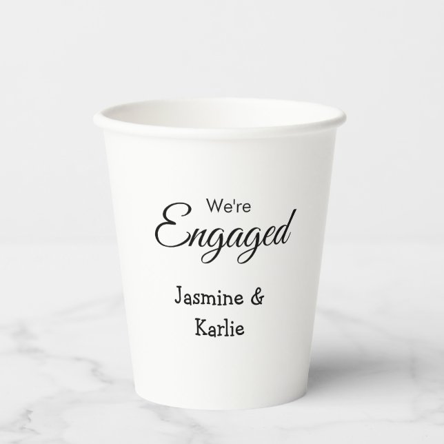 We are engaged couple name romantic stylish simple paper cups (Front)