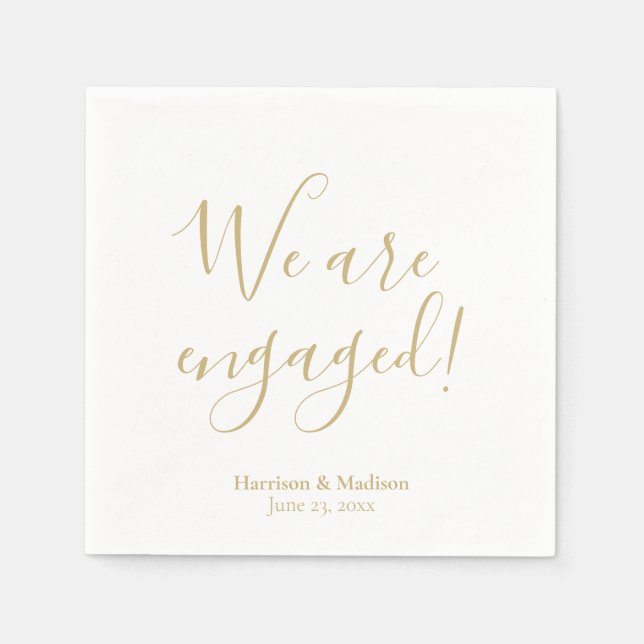 We are engaged gold custom script chic engagement napkin (Front)