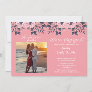 we are engaged pink floral with photo invitation