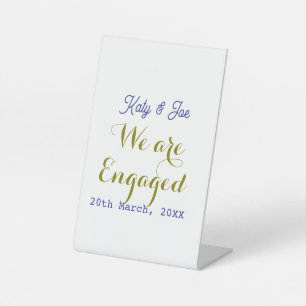 We are Engaged purple gold name date elegant simpl Pedestal Sign