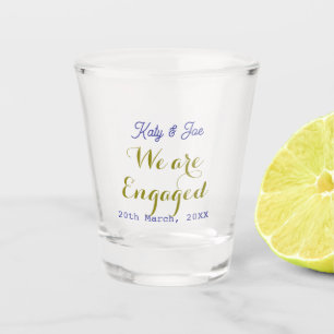 We are Engaged purple gold name date elegant simpl Shot Glass