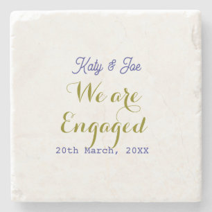 We are Engaged purple gold name date elegant simpl Stone Coaster