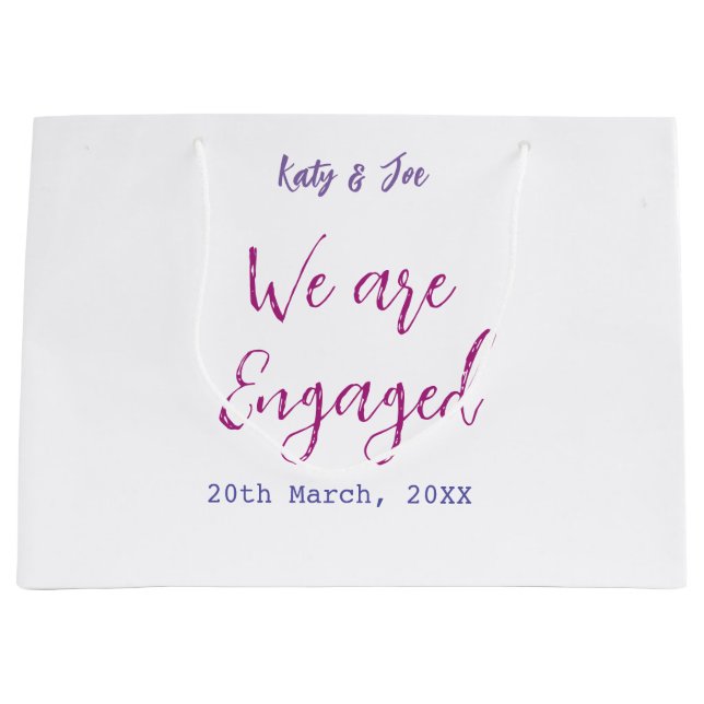 We are Engaged purple pink name date elegant simpl Large Gift Bag (Front)