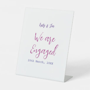We are Engaged purple pink name date elegant simpl Pedestal Sign