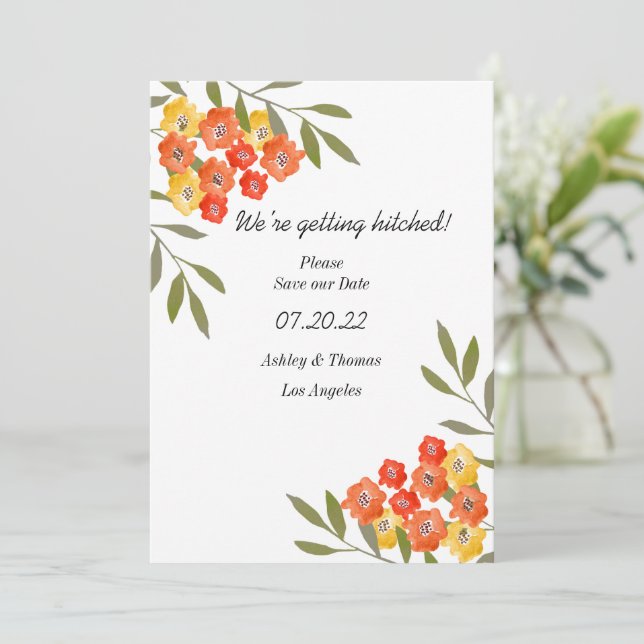 We Are Getting Hitched Custom Floral Fall Colours Save The Date (Standing Front)