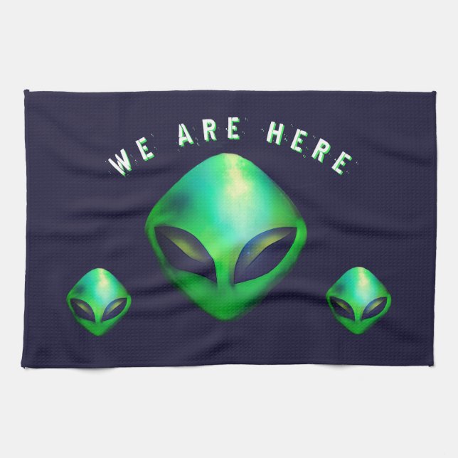 "We Are Here" Green Alien head Kitchen Towel (Horizontal)