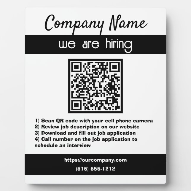 We Are Hiring QR Code Sign For Business Plaque (Front)