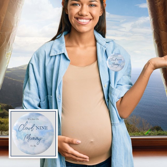 We Are On Cloud Nine Blue Boy Baby Shower Mommy 2 Inch Round Button ("We Are On Cloud Nine"  Blue Boy Baby Shower Mommy to Be Button)