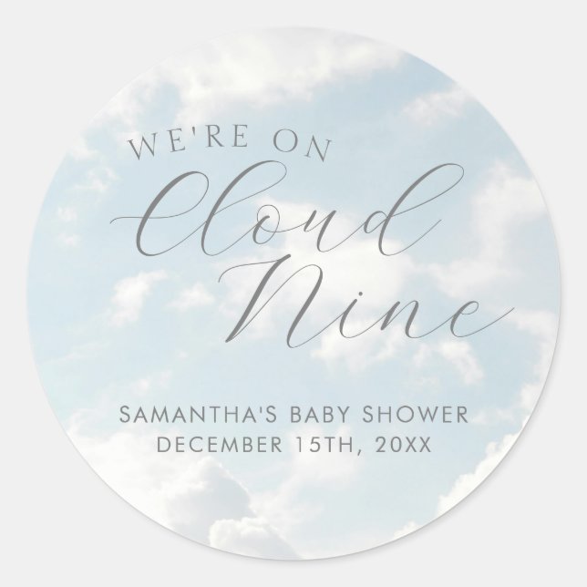 We Are On Cloud Nine Blue Clouds Baby Shower Classic Round Sticker (Front)