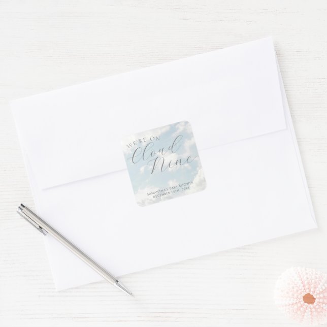 We Are On Cloud Nine Blue Clouds Baby Shower Square Sticker (Envelope)