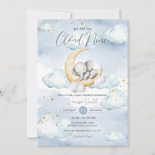 We Are On Cloud Nine Blue Elephant Baby Shower  Invitation (Front)