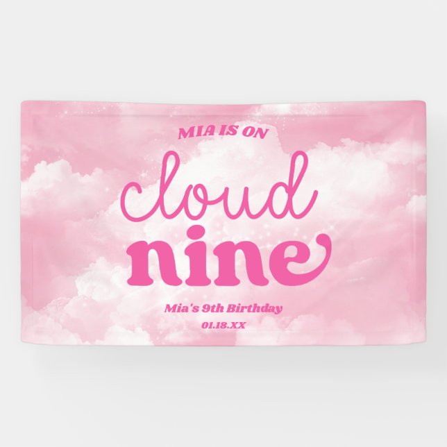 We Are On Cloud Nine Pink 9th Ninth Birthday Party Banner (Horizontal)