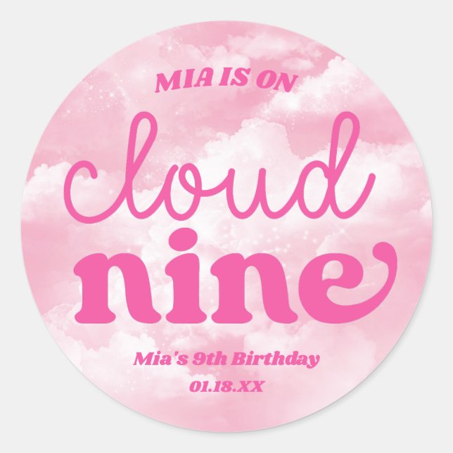 We Are On Cloud Nine Pink 9th Ninth Birthday Party Classic Round Sticker (Front)