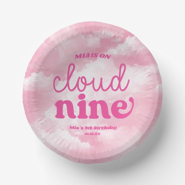 We Are On Cloud Nine Pink 9th Ninth Birthday Party Paper Plate (Front)