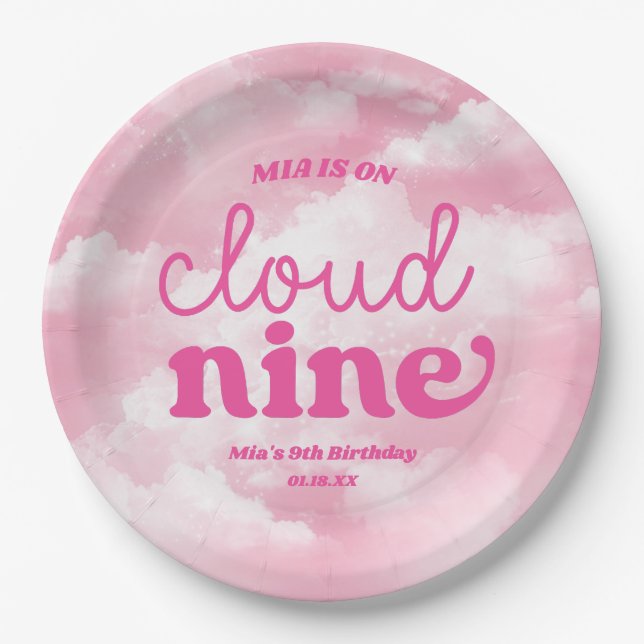 We Are On Cloud Nine Pink 9th Ninth Birthday Party Paper Plate (Front)