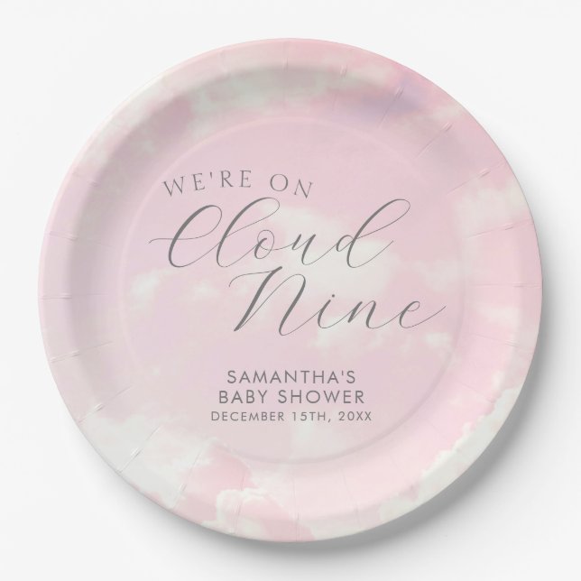 We Are On Cloud Nine Pink Clouds Baby Shower Paper Plate (Front)
