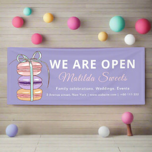 We are open Bakery Chef Macaroons Purple Promotion Banner