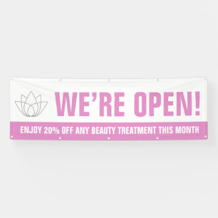 We are open beauty business pink white logo promo banner