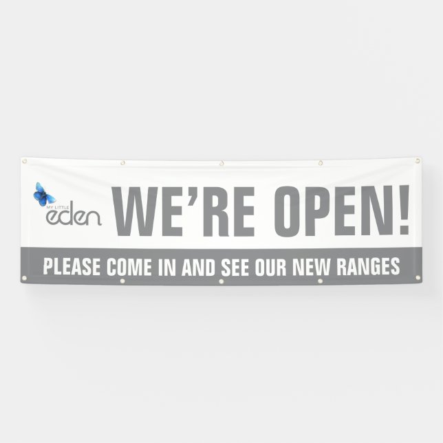 We are open business grey logo and message banner (Horizontal)