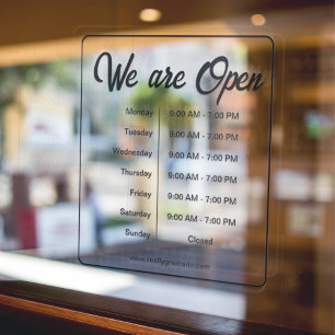 We are open Business Hours Time Black Script Window Cling