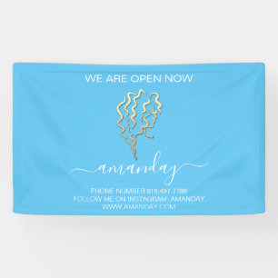 We Are Open Now Blue Logo Gold Hairdresser Banner