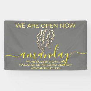 We Are Open Now Logo Grey Gold Hairdresser Banner