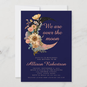 We Are Over The Moon Blue Floral Girl Baby Shower Invitation