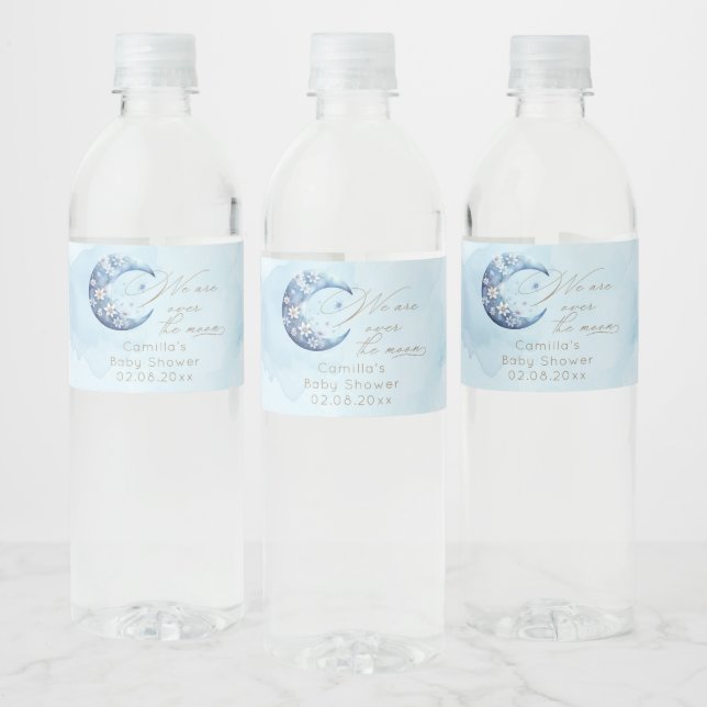 We Are Over The Moon Boy Baby Shower  Water Bottle Label (Bottles)