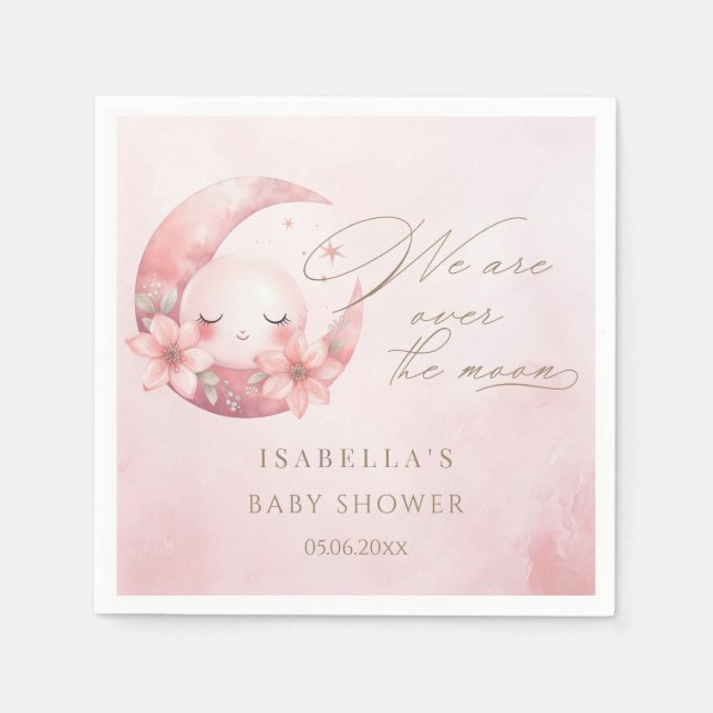 We Are Over The Moon Girl Baby Shower Napkin (Front)