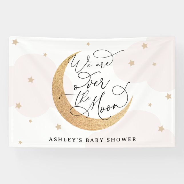 We Are Over the Moon Pink Baby Shower Banner (Horizontal)
