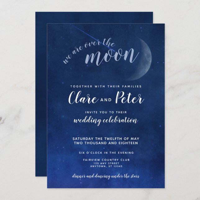 We are Over the Moon Starry Night Navy Wedding Invitation (Front/Back)