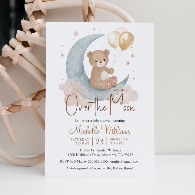 We Are Over The Moon Teddy Bear Stars Baby Shower Invitation (Creator Uploaded)